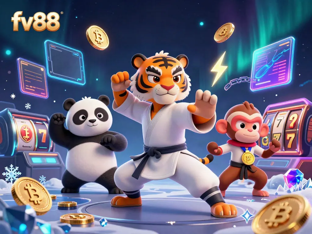 Experience the thrill of playing at fv88 with slot reels and vibrant casino characters.