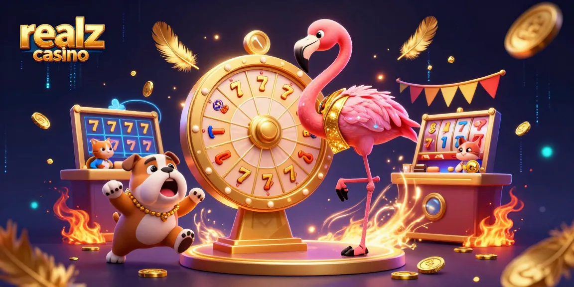 Engage with realz casino through an exciting game show scene featuring a flamingo host, bulldog contestant, and lively prizes.