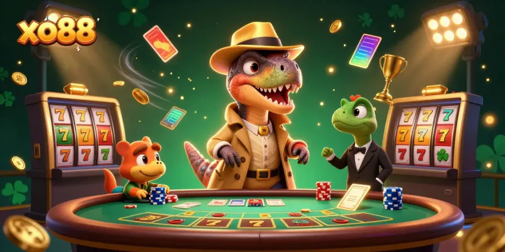 Engage in thrilling action at XO88 with vibrant casino scene featuring card counting velociraptor.