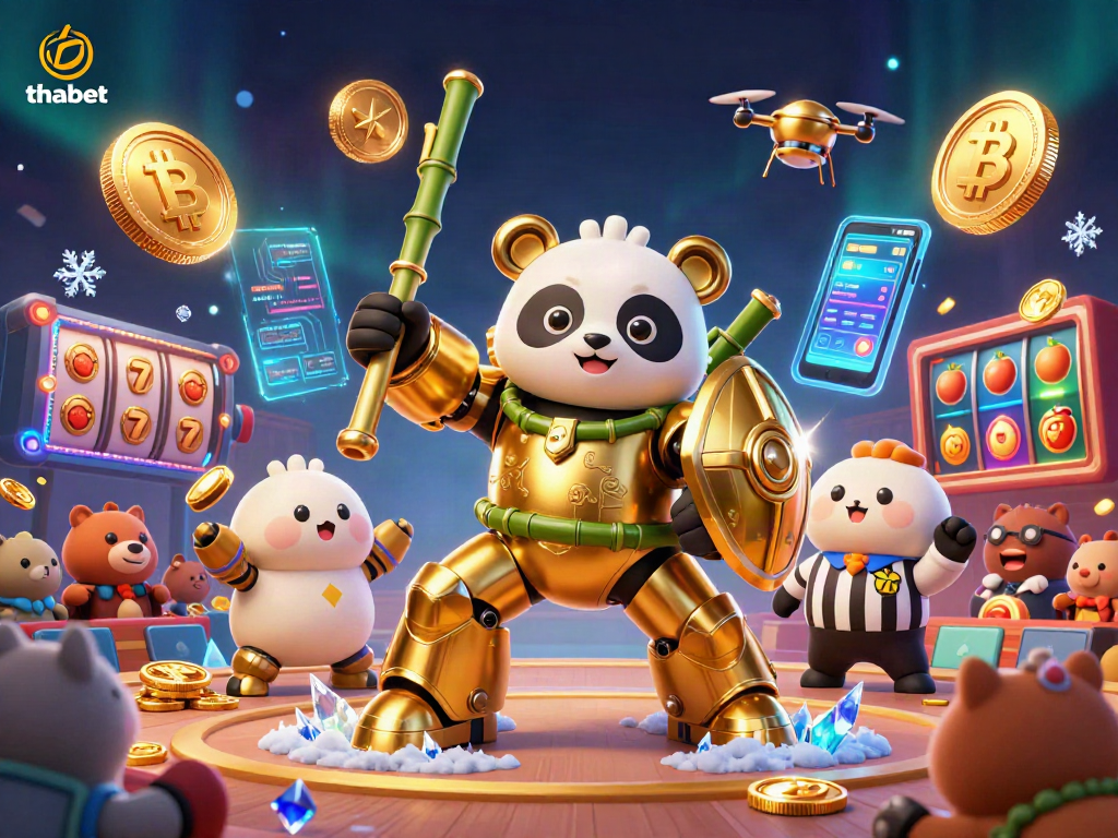 Engage with thabet's vibrant slot adventure featuring a mech-suit panda amidst animated gameplay elements.