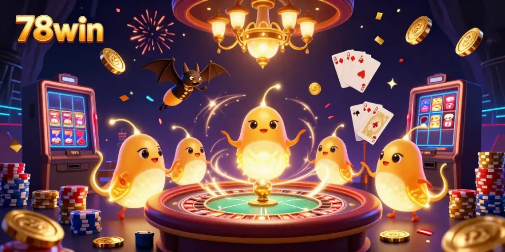 Experience the vibrant energy of 78win's glowworms lighting up a stunning 3D casino environment.