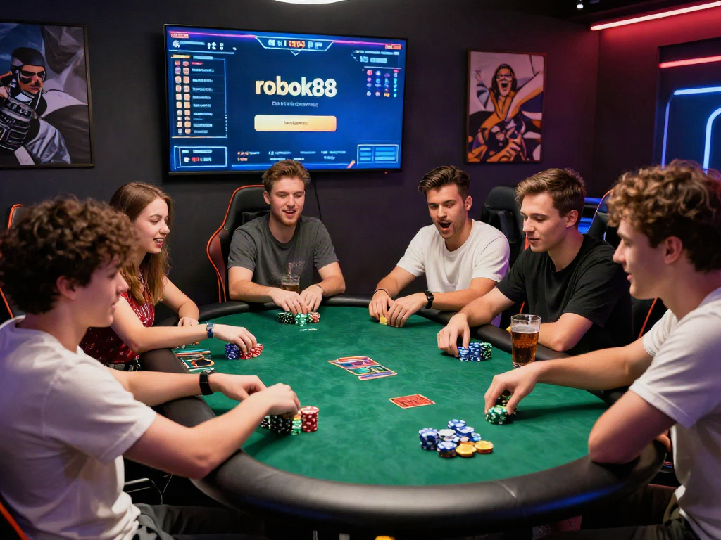 Exciting gaming scene with friends engaging over rokok88 link poker game, vibrant atmosphere, modern setting.