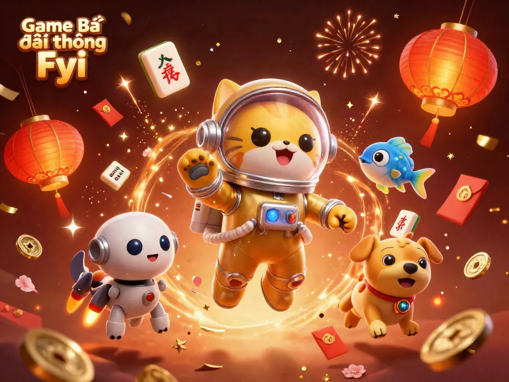 Experience the excitement of Game Bài Đổi Thưởng Fyi with vibrant 3D illustration featuring iconic symbols and characters.