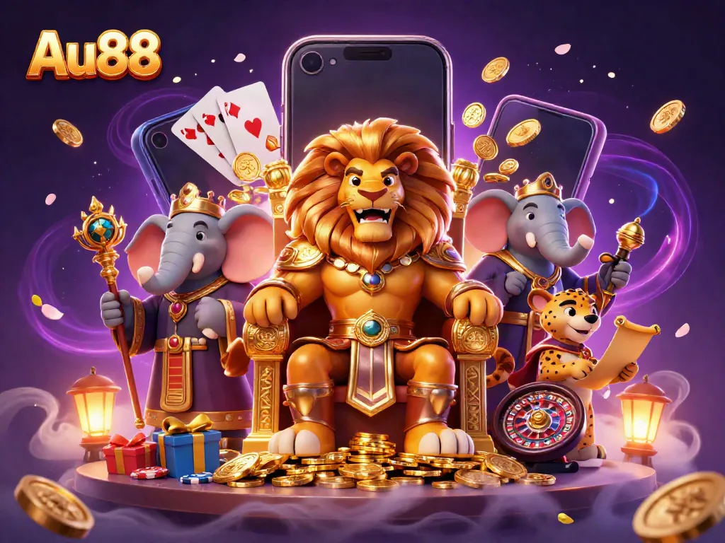 Experience thrilling wins at Au88 with a fierce lion king, wise advisor, and messenger in a vibrant casino scene.