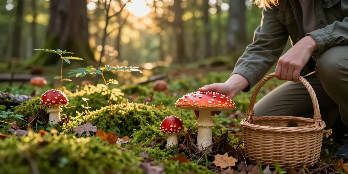 Entdecken Sie den üppigen Wald, in dem das Amanita Muscaria kaufen lebendige Pilze unter dem Licht der goldenen Stunde gedeihen.