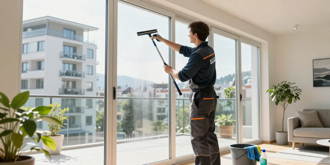 Professional window cleaning in Solothurn, showing expert using squeegee for a streak-free finish.