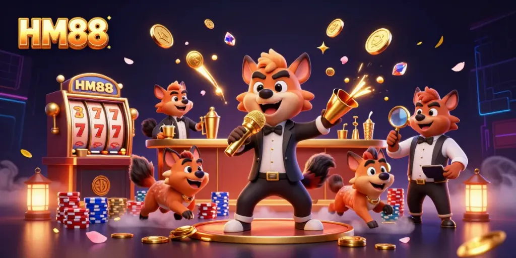Experience the vibrant comedy of HM88's casino club with hyenas, bright slots, and golden coins