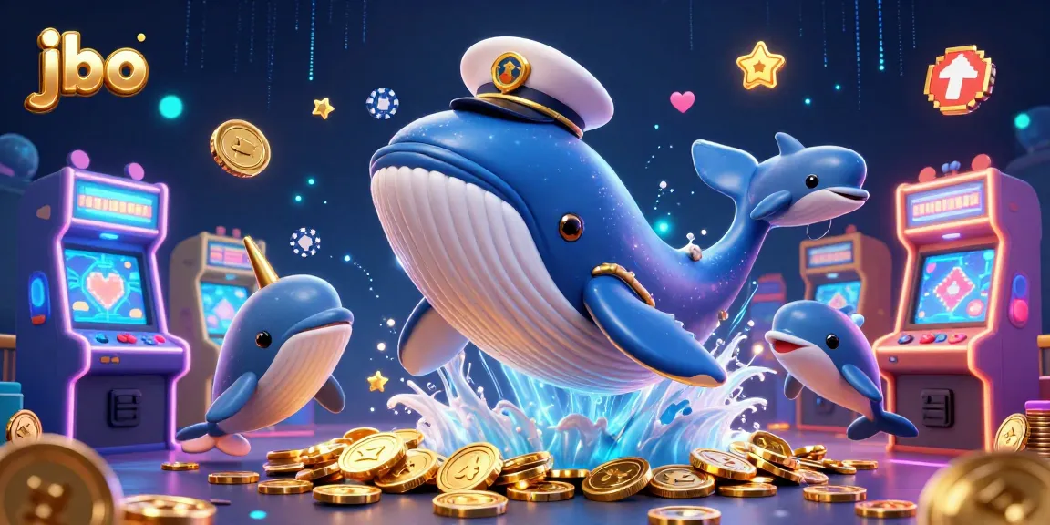 jbo casino illustration featuring a whale, dolphins with chips, and vibrant game elements