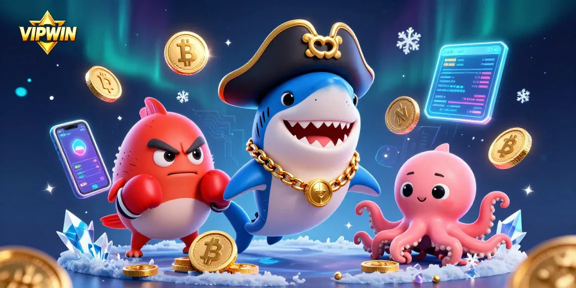 Engage with VIPWIN's exciting casino adventure featuring a playful pirate shark, a boxing pufferfish, and a treasure-holding octopus.