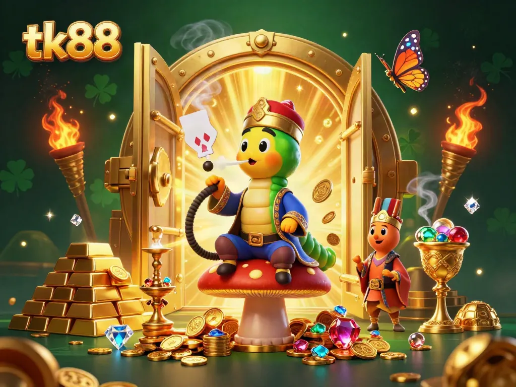 Engage in gaming excitement with tk88 while enjoying a 3D vibrant casino illustration featuring treasure and poker elements.