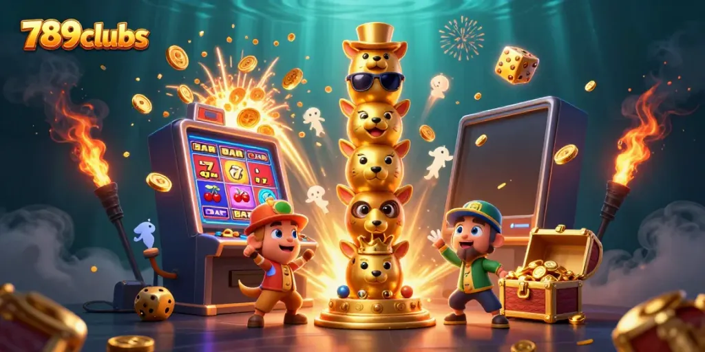 Engage with 789clubs and win with a dazzling 3D illustration showcasing vibrant slots and casino elements.