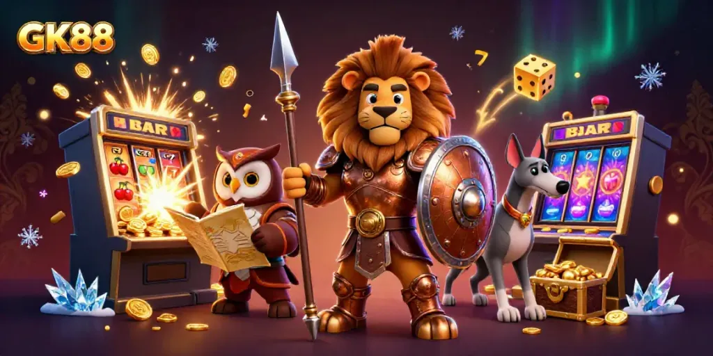 Experience thrilling gameplay at GK88 with vibrant casino symbols and heroic characters in a dynamic environment.