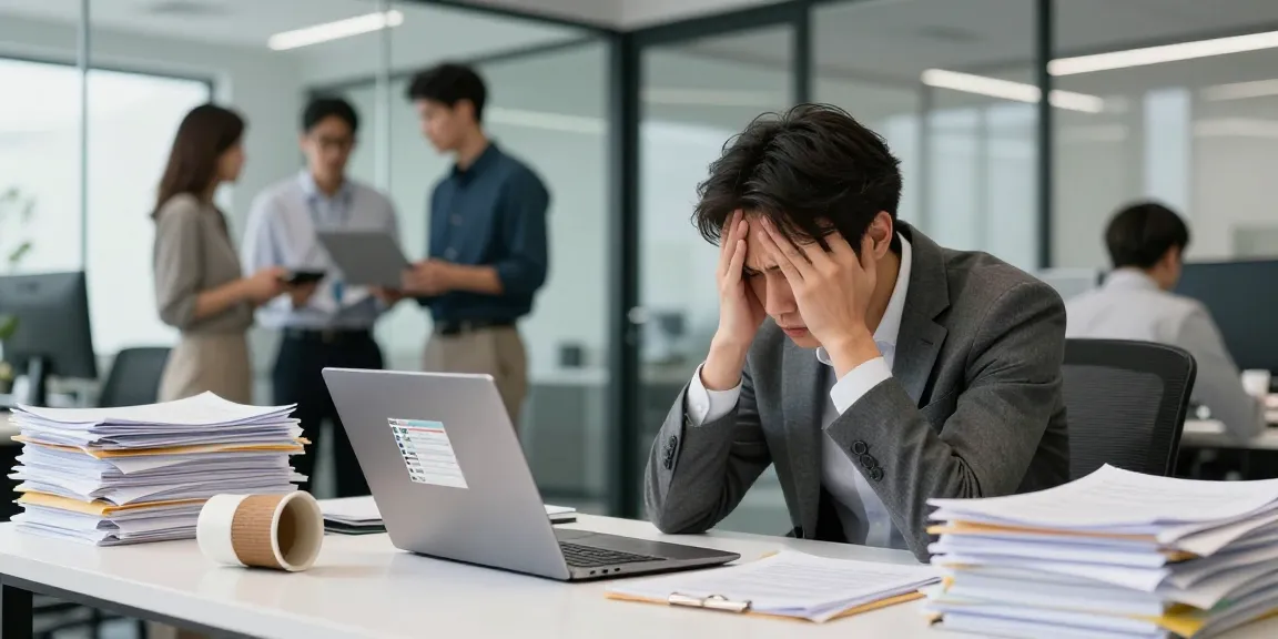 Stress mit Chef im modernen Büro zeigt überforderte Mitarbeiterin am Schreibtisch mit Laptop und Papierstapel