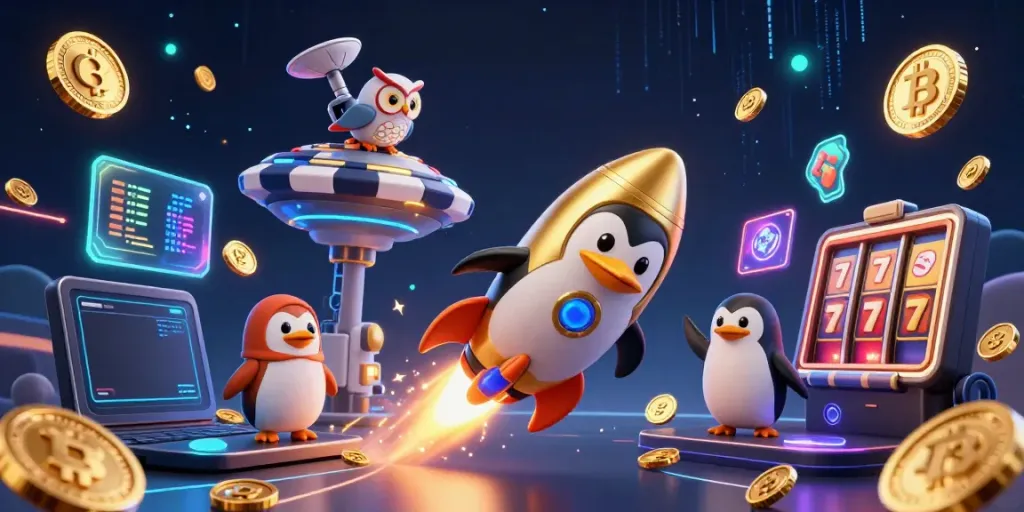 O8 features a golden penguin flying toward a casino space station with cryptocurrency coins.