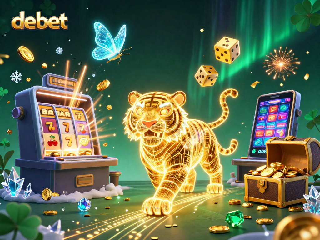 Play vibrant casino games at debet with a golden tiger and dynamic jackpot action in an exciting digital landscape.