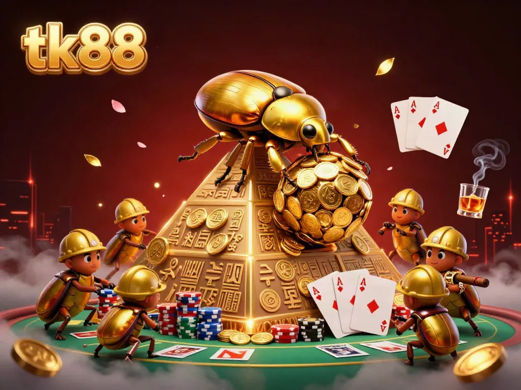 Experience tk88's vibrant casino action with golden beetles and poker excitement.