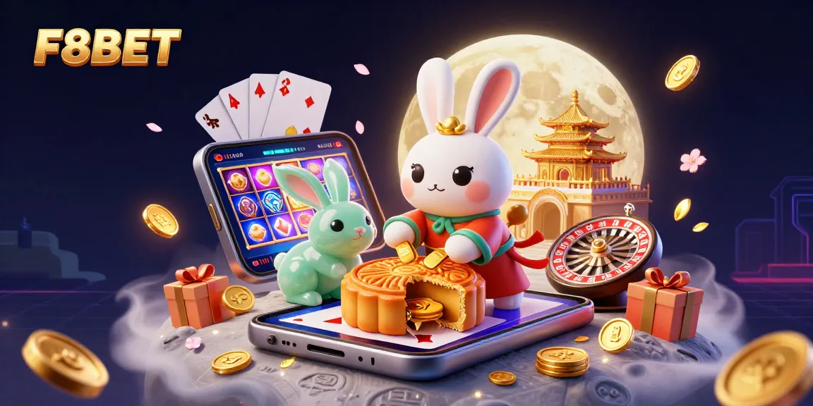 Experience F8BET's vibrant casino world with a cartoon moon rabbit, poker chips, and festive game elements.