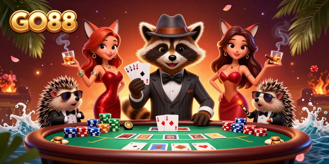 Engage in exciting card action at GO88, featuring a raccoon with a royal flush, vibrant poker scene.