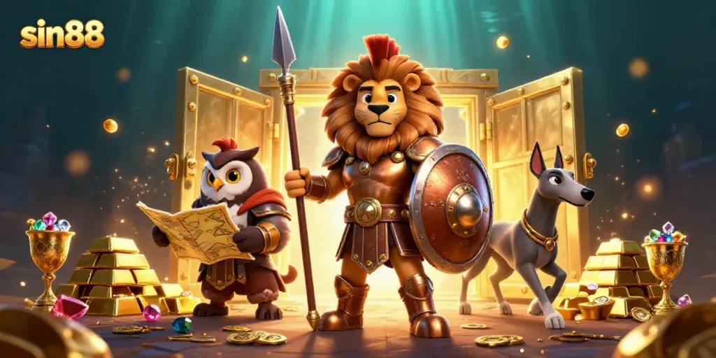 Experience winning strategies with sin88 in a vibrant casino scene featuring a heroic lion.