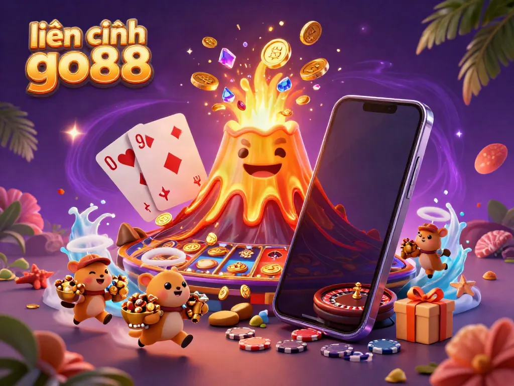 Experience the thrill of gaming with "liên hệ go88" as the golden volcano erupts treasures in this vibrant casino scene.