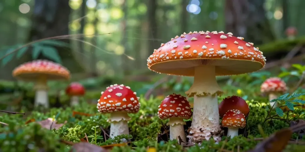 Fliegenpilz kaufen: Frische Amanita Muscaria Pilze im Wald, umgeben von grünem Laub und sanftem Licht.