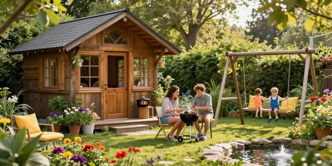 Das Gartenhaus inmitten eines blühenden Gartens mit Familie beim Grillen.