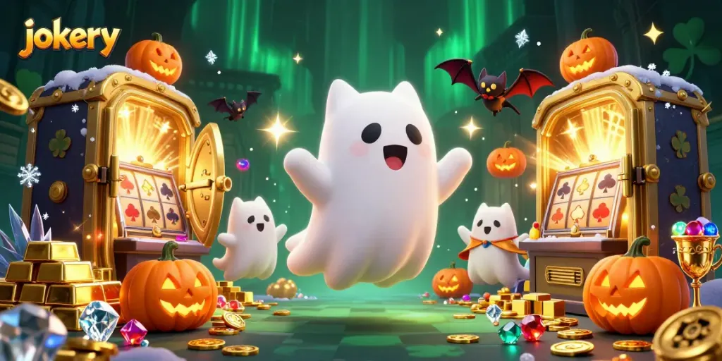 Experience the fun of jokery with a ghost cat and bat in a haunted casino filled with treasures.
