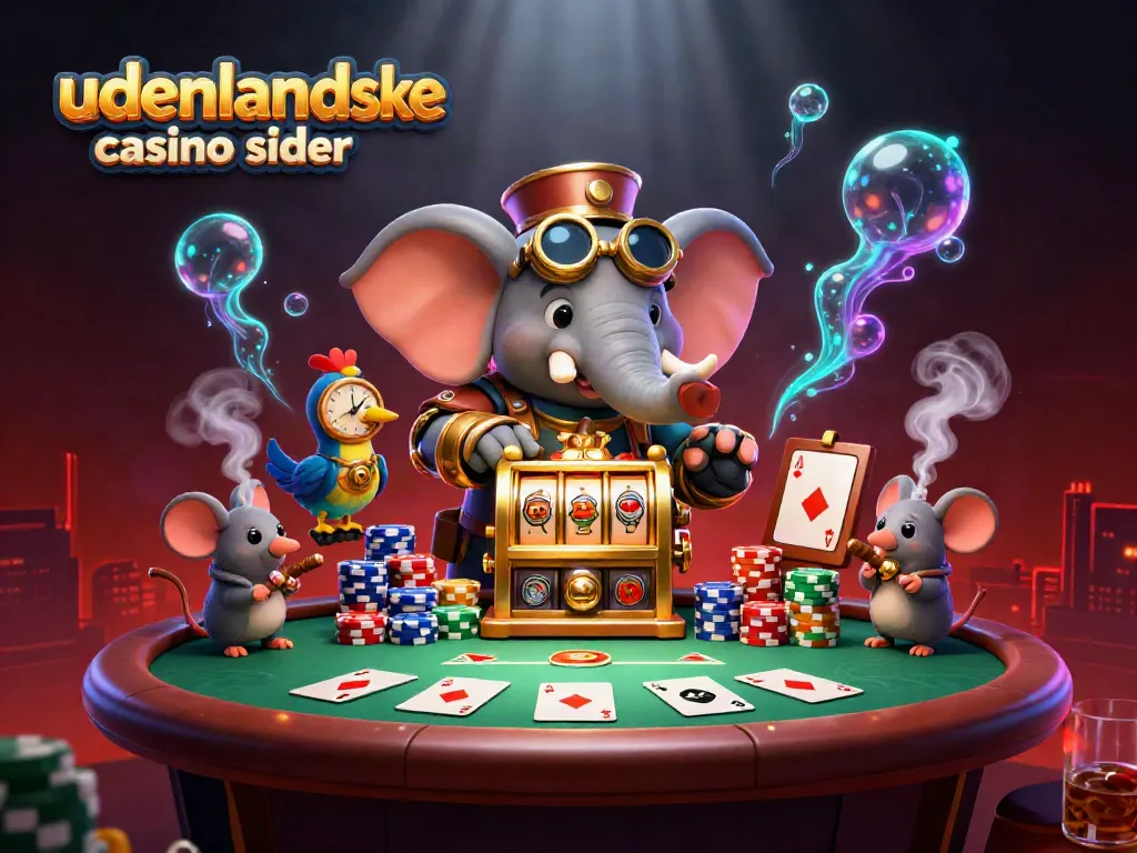 Engage with udenlandske casino sider in this vibrant scene featuring a steampunk elephant and poker elements.