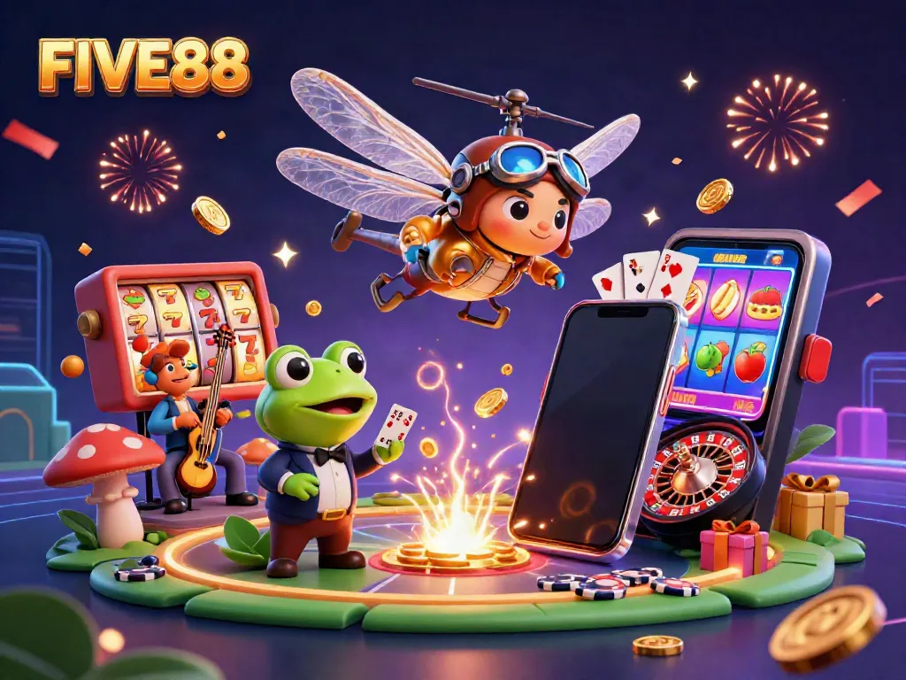 Engage with exciting FIVE88 casino adventures featuring a dragonfly pilot, frog croupier, and jazz musicians.