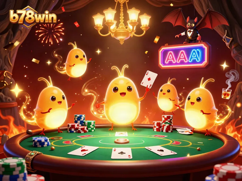 b78win illuminates a vibrant casino scene with glowworms and a bat dealer, showcasing dynamic poker elements.