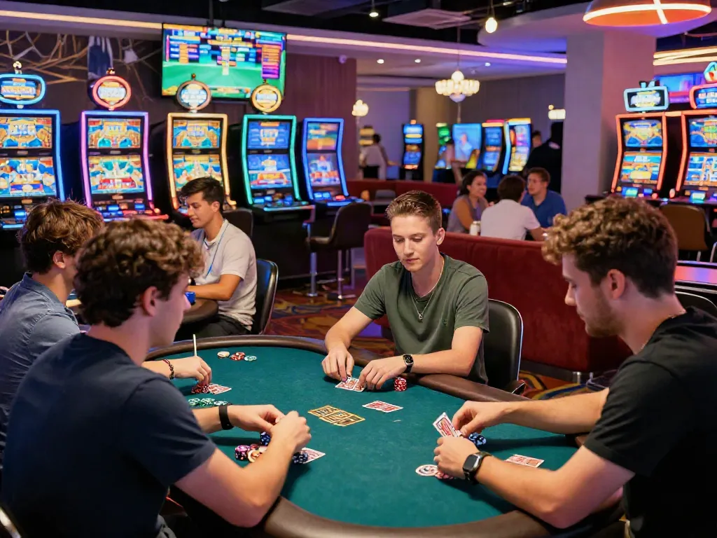 Erstelle ein Konto im Casino mit itsme in einem modernen Casino voller Spieler und Spannung.