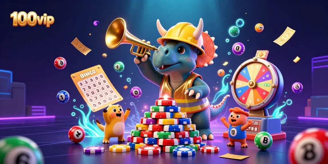 100vip gathers excitement as a triceratops builds poker chips with fun casino elements in a vibrant setting.