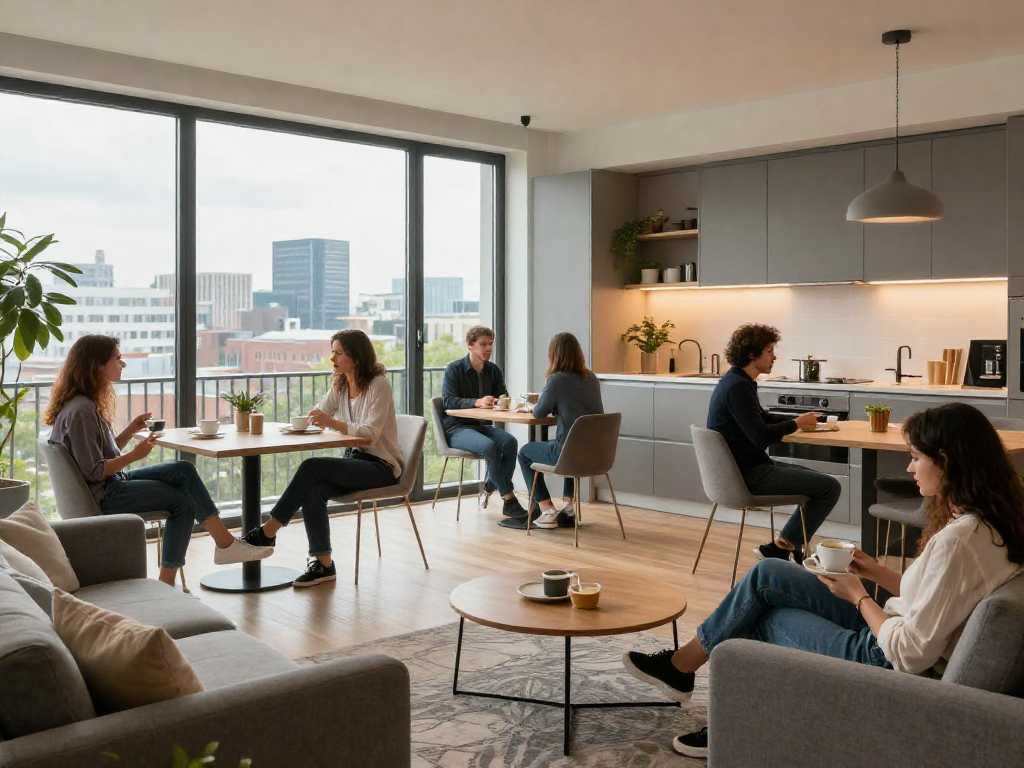Gemütliche Monteurwohnung Hannover mit stilvoller Einrichtung, komplett ausgestatteter Küche und Stadtblick.