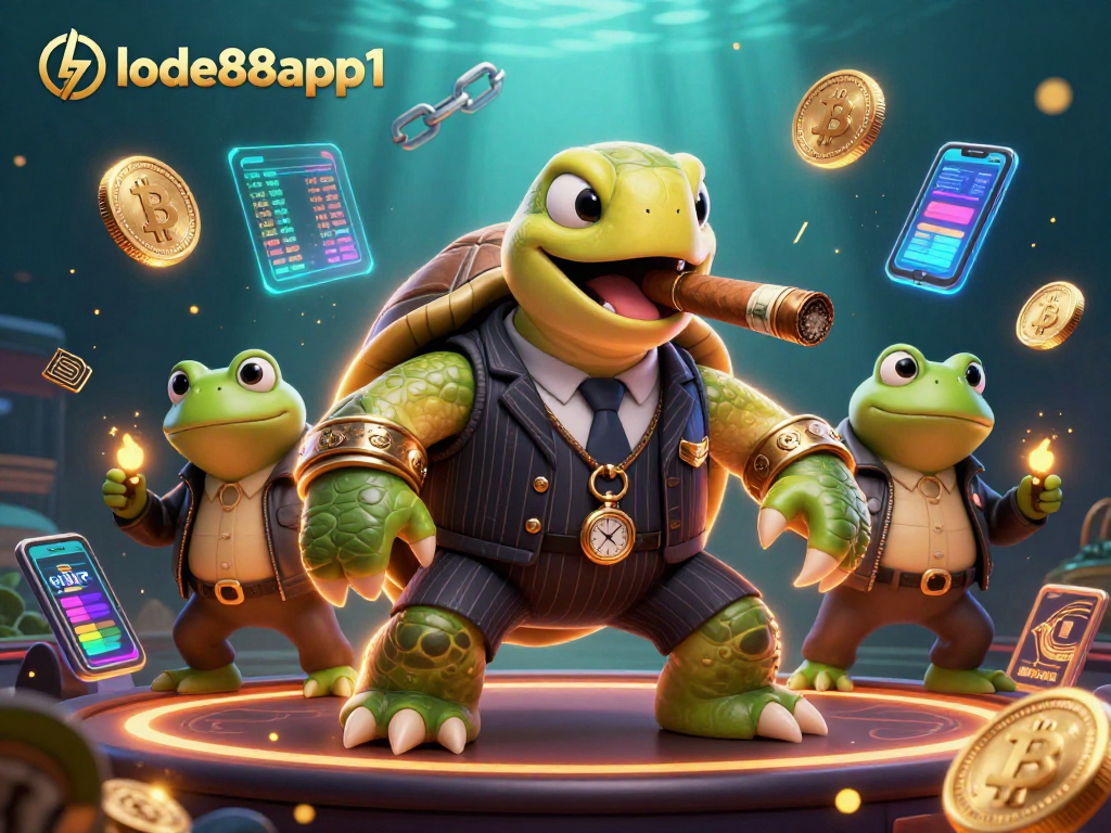 Engage with lode88app1 in a vibrant crypto casino scene featuring a turtle mobster and bullfrog enforcers.