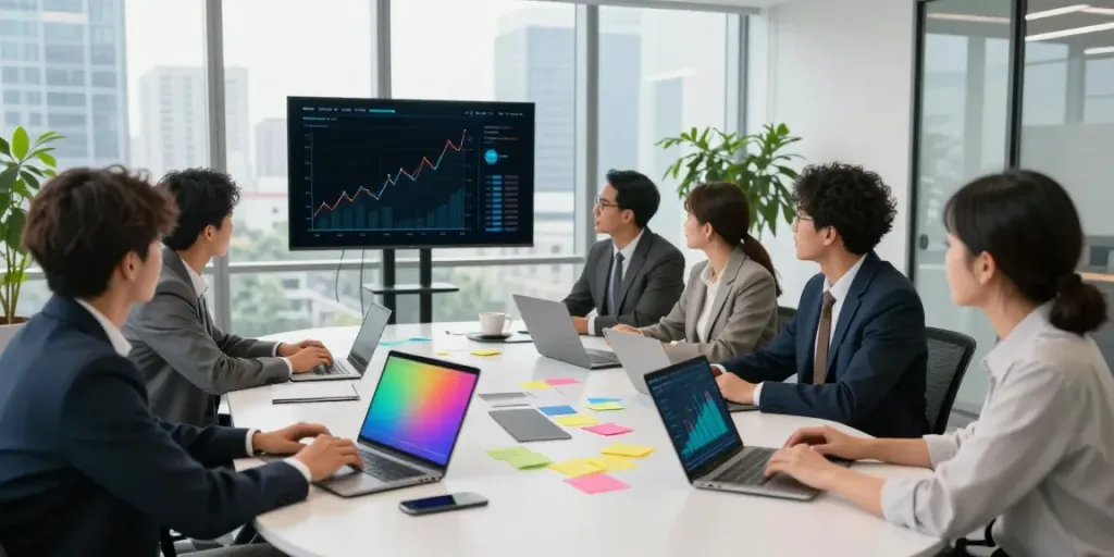Reunião empresarial com equipe diversificada discutindo estratégias e métricas do BPI Net Empresas.