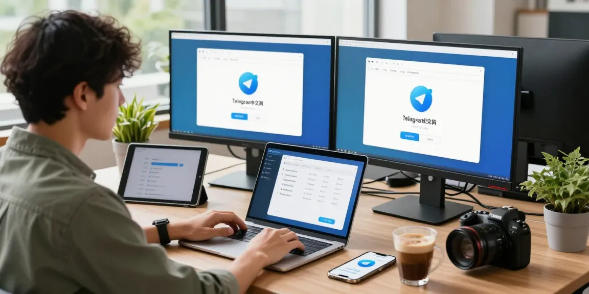 Setting up the Telegram中文 app in a modern workspace, showcasing user engagement with tech.