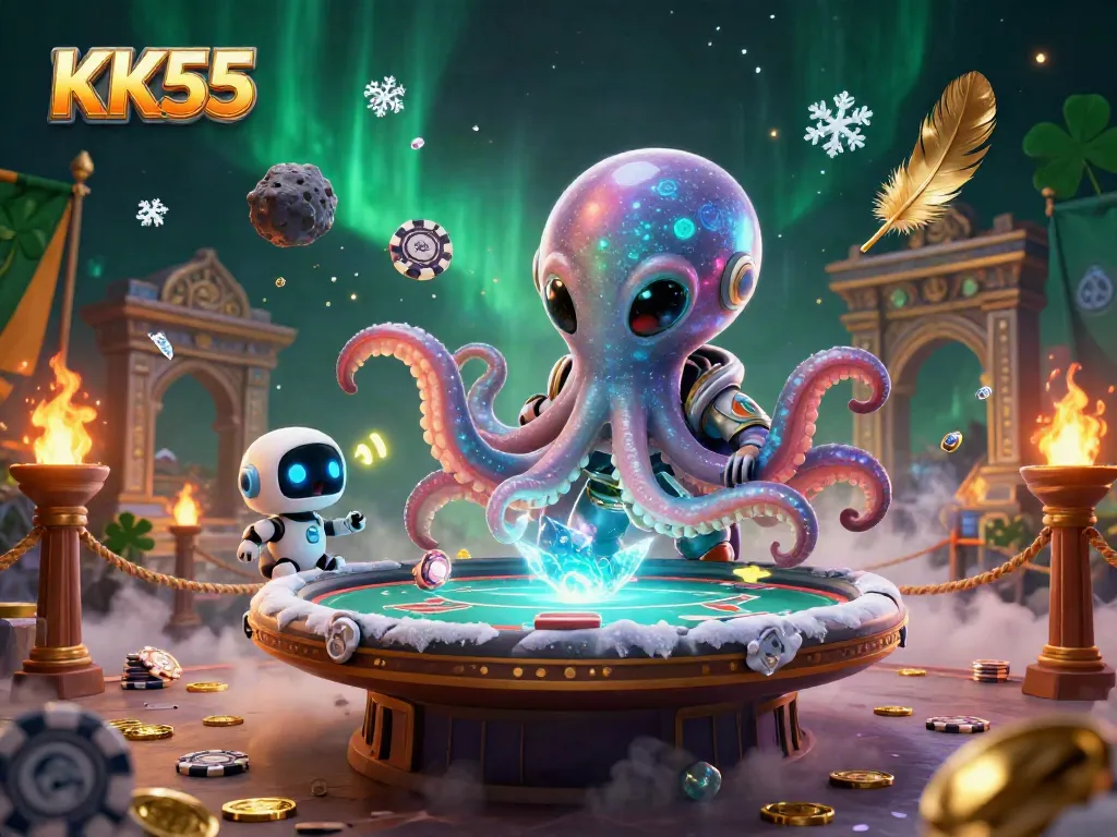 Experience vibrant gameplay at KK55 with a lively scene featuring an alien octopus dealer and dynamic poker action.