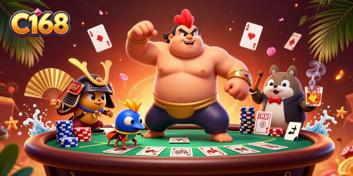 C168 players enjoy a strategic poker showdown with a powerful sumo rooster and samurai cricket in a dynamic casino scene.