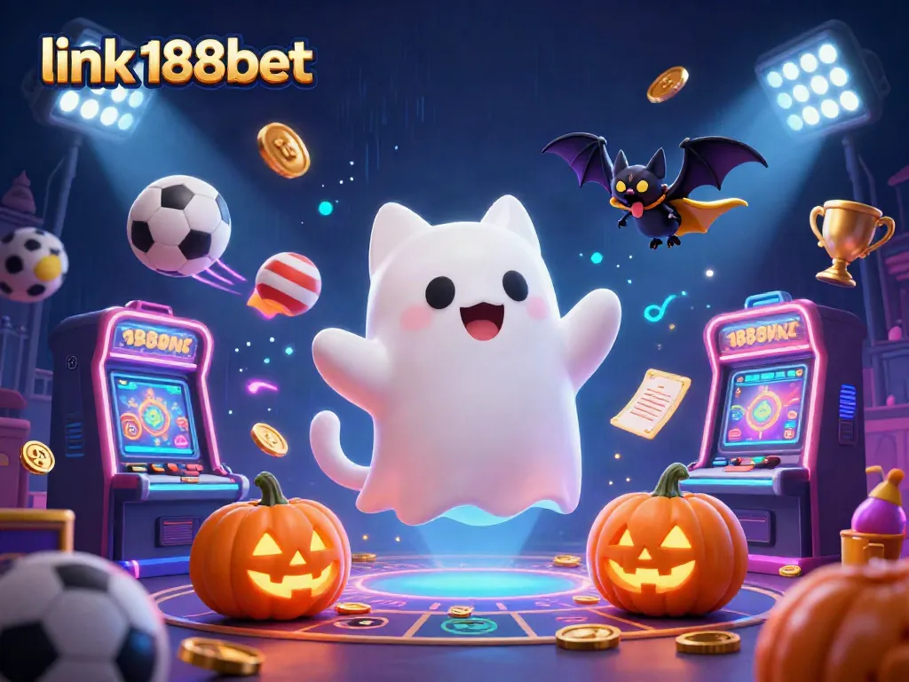 Engage with the thrilling atmosphere of 188bet as a friendly ghost cat and bat companion navigate a vibrant casino world.