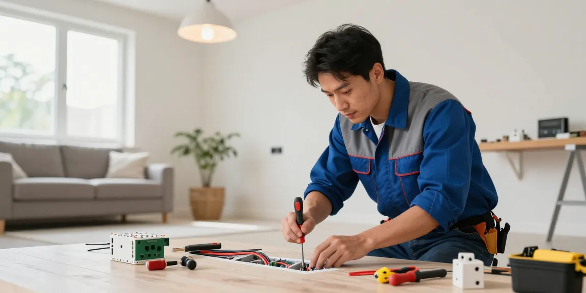 Elektroinstallateur in Dortmund bei der professionellen Elektroinstallation in einem Wohnraum mit Lichtinstallationen.