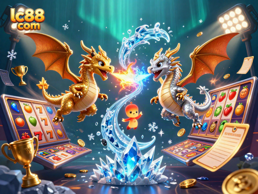 Experience thrilling gaming action with lc88 com's vibrant slot game illustration featuring dragon characters.