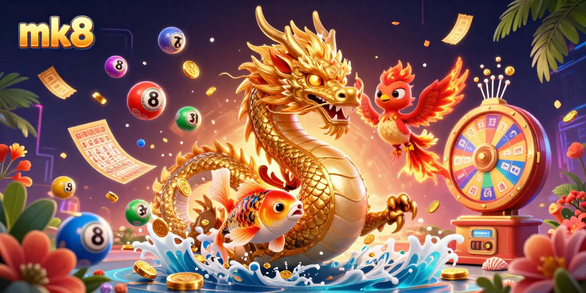 Engage in thrilling mk8 casino gameplay with a vibrant 3D illustration featuring a golden dragon and dynamic lottery elements.