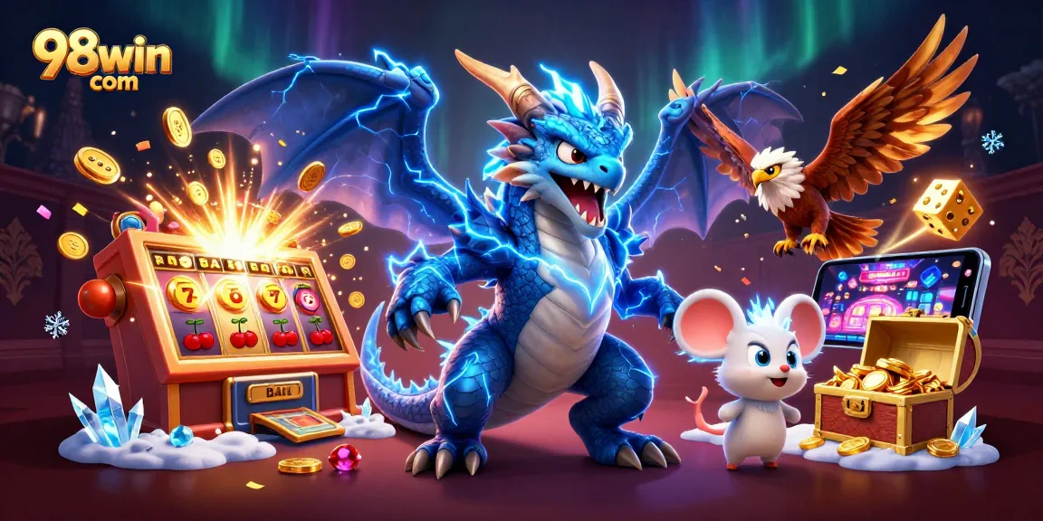 Experience exciting gaming action at 98win com with vibrant characters and jackpot elements in a dynamic casino scene.