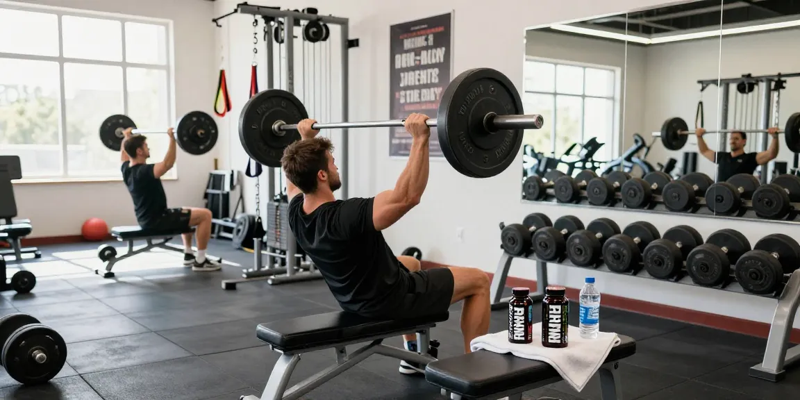 Prime Pharma Steroide in einem lebhaften Fitnessstudio mit einem Athleten, der Gewichte hebt und sich für Fitness engagiert.