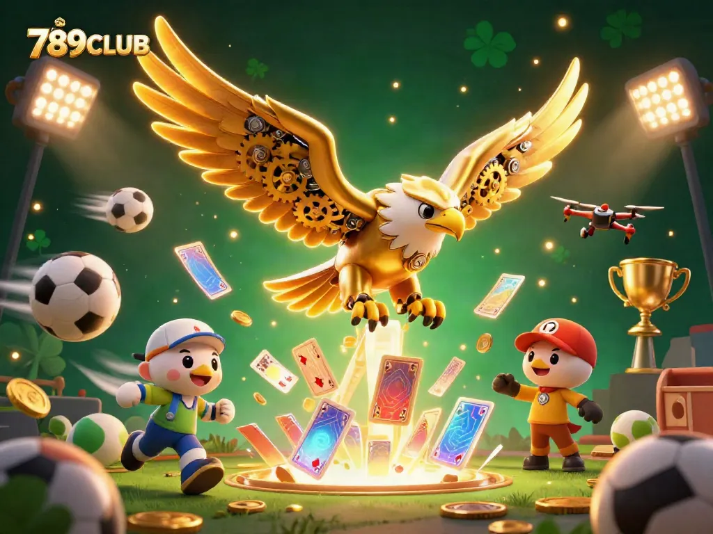 Experience the excitement of 789CLUB with a stunning golden eagle soaring through a vibrant casino scene.