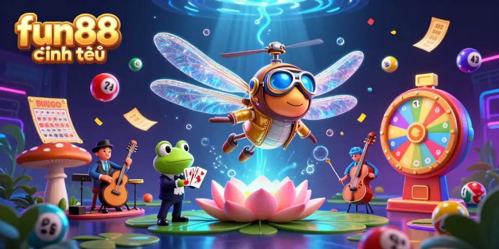 Experience dynamic fun88 chính thức action with colorful casino elements featuring a helicopter pilot, croupier, and jazz musicians.
