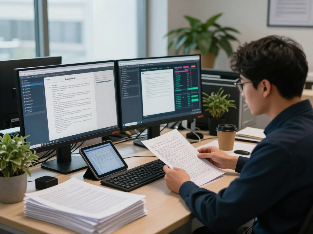 Highly focused document fraud detection process displayed on computer screens in a modern office environment.