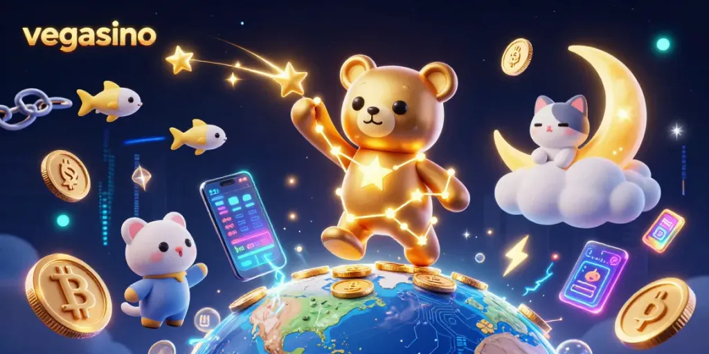 Engage with Vegasino's exciting offerings amid golden stars, neon coins, and crypto magic!