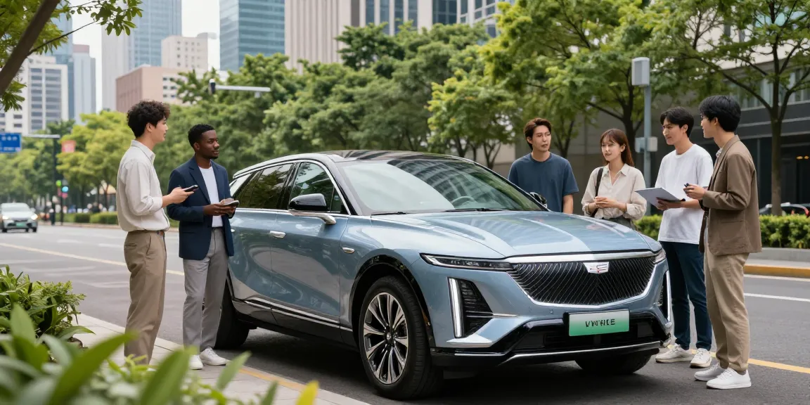 Cadillac Lyriq parked on a city street with professionals discussing driving modes affecting range and battery usages.