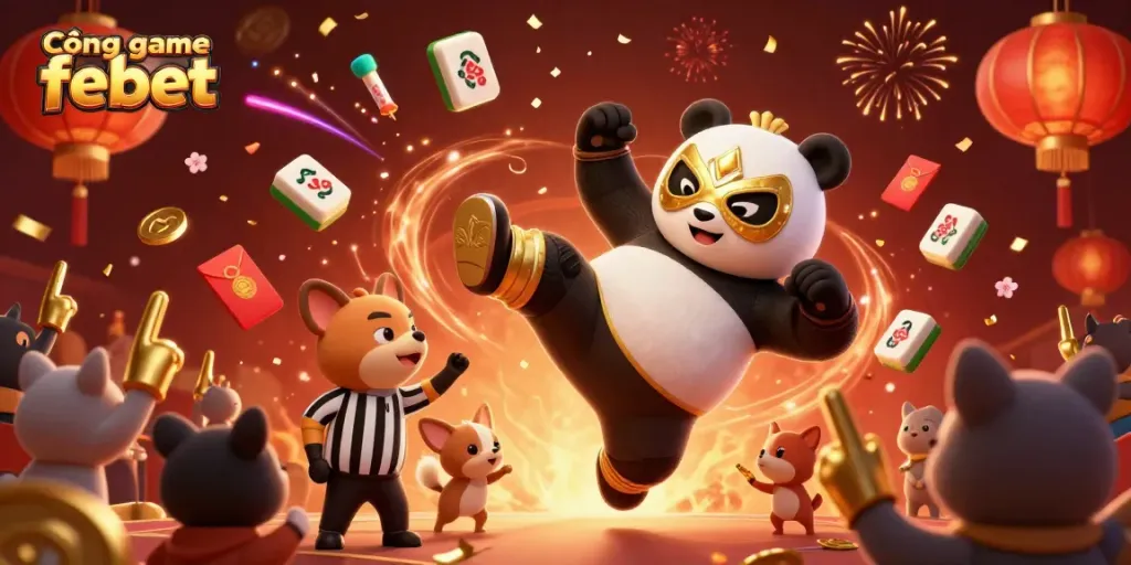 Cổng game febet showcases a vibrant 3D illustration of a wrestling panda in action beside a counting referee, surrounded by celebrating animal spectators and festive gaming elements.